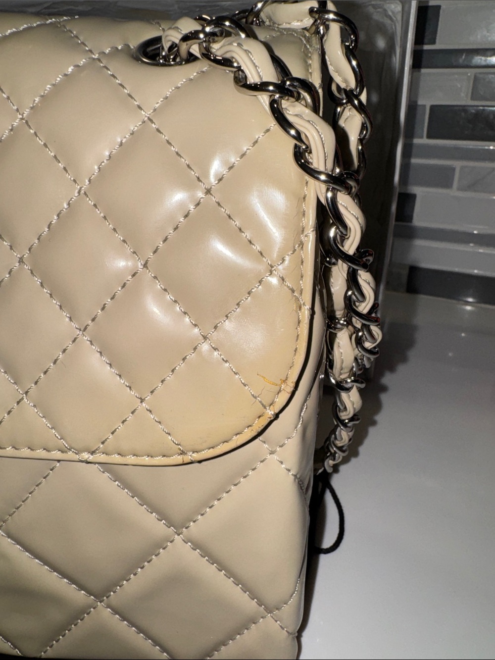 CHANEL Quilted Lambskin Shoulder Bag in Beige with Silver Hardware - Picture 6 of 14